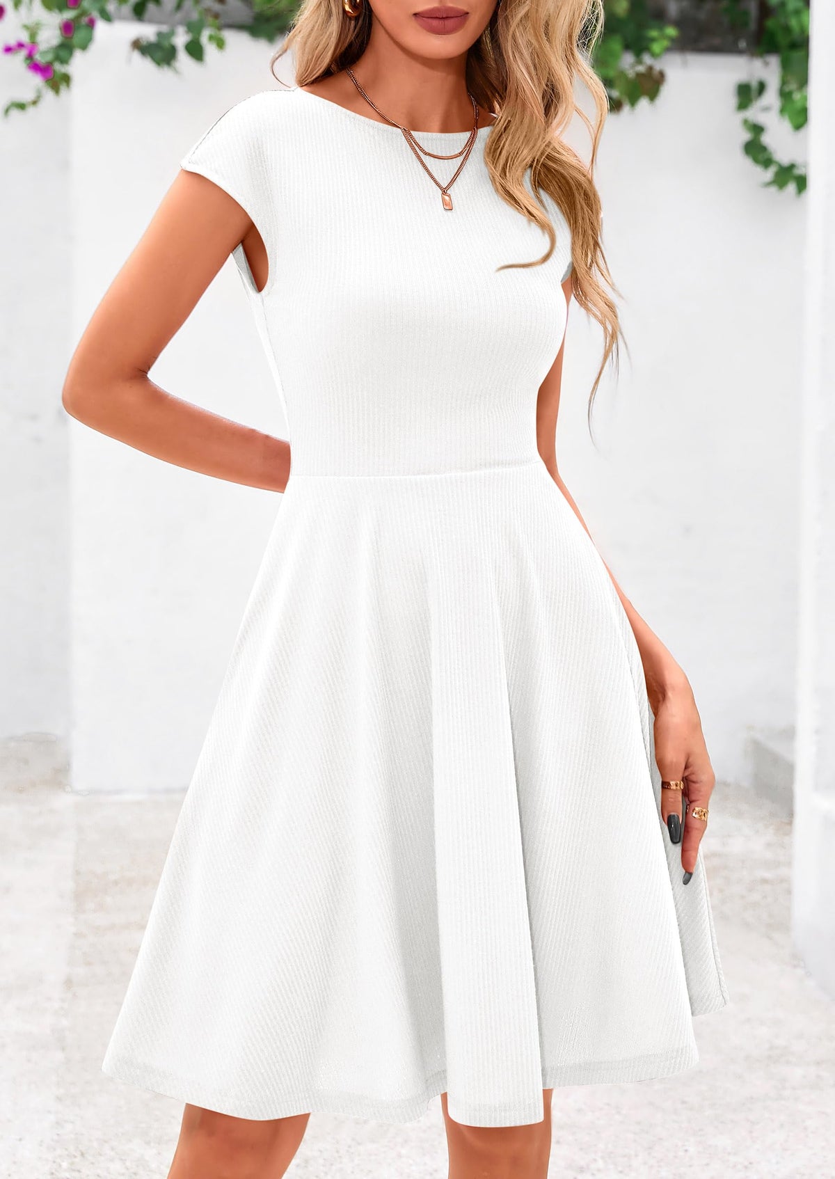 Crew neck Cap Sleeve Ribbed Knit Casual Flowy A Line Mini Dress with Pockets