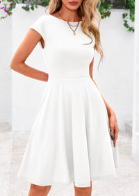Crew neck Cap Sleeve Ribbed Knit Casual Flowy A Line Mini Dress with Pockets