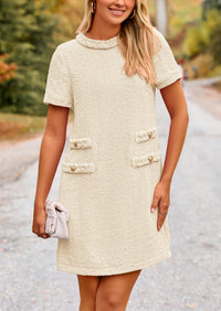Summer Tweed Crew Neck Short Sleeve A Line Mini Dress
