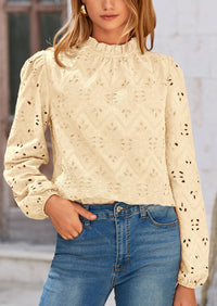 Casual Embroidered Long Puff Sleeve Ruffle Eyelet Lace Blouses