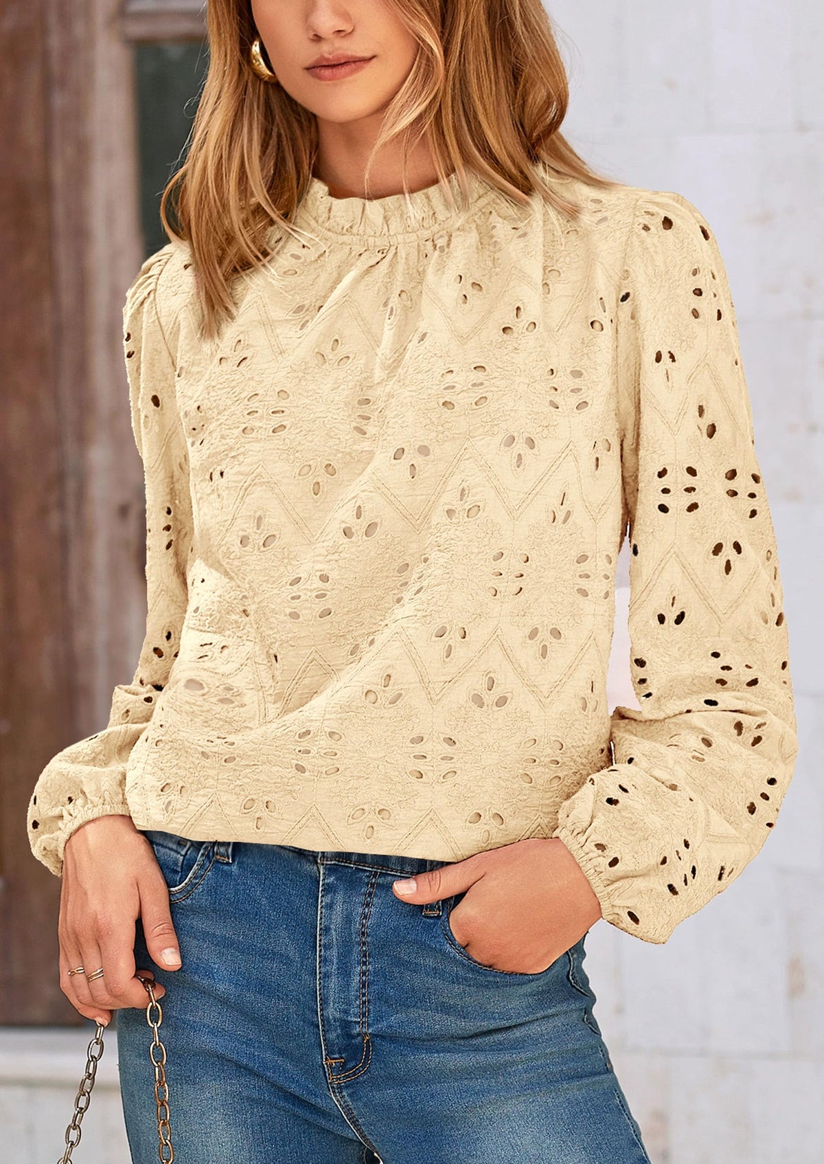 Casual Embroidered Long Puff Sleeve Ruffle Eyelet Lace Blouses