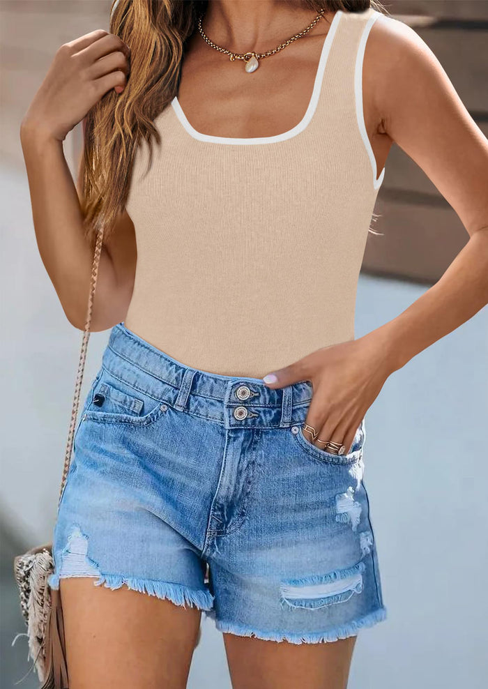 Scoop Neck Sleeveless Color Block Slim Fitted Tank Tops