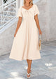 Casual Short Sleeve Bow Tie V Neck Ruffle Flowy Midi Dresses