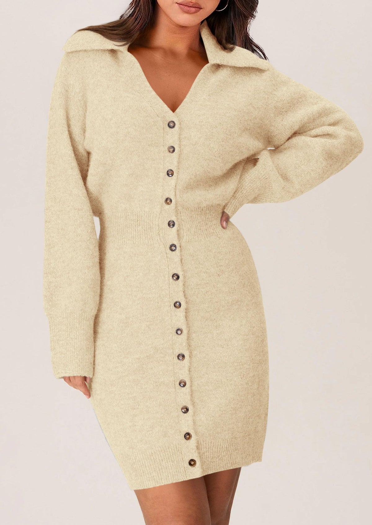 Long Sleeve V Neck Button Down Knit Pullover Sweater Dresses