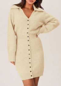 Long Sleeve V Neck Button Down Knit Pullover Sweater Dresses
