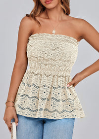 Boho Strapless Off Shoulder Eyelet Smocked Peplum Going Out Tube Tops