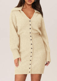 Long Sleeve V Neck Button Down Knit Pullover Sweater Dresses