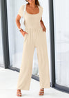 PRETTYGARDEN Casual Short Sleeve Square Neck Wide Leg Jumpsuit Rompers