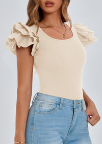 Ruffle Short Sleeve Casual Basic Fitted Crew Neck T-shirts