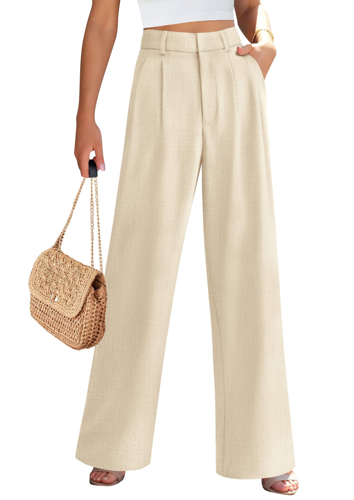 Elastic High Waisted Straight Leg Business Trousers Slacks With Pockets