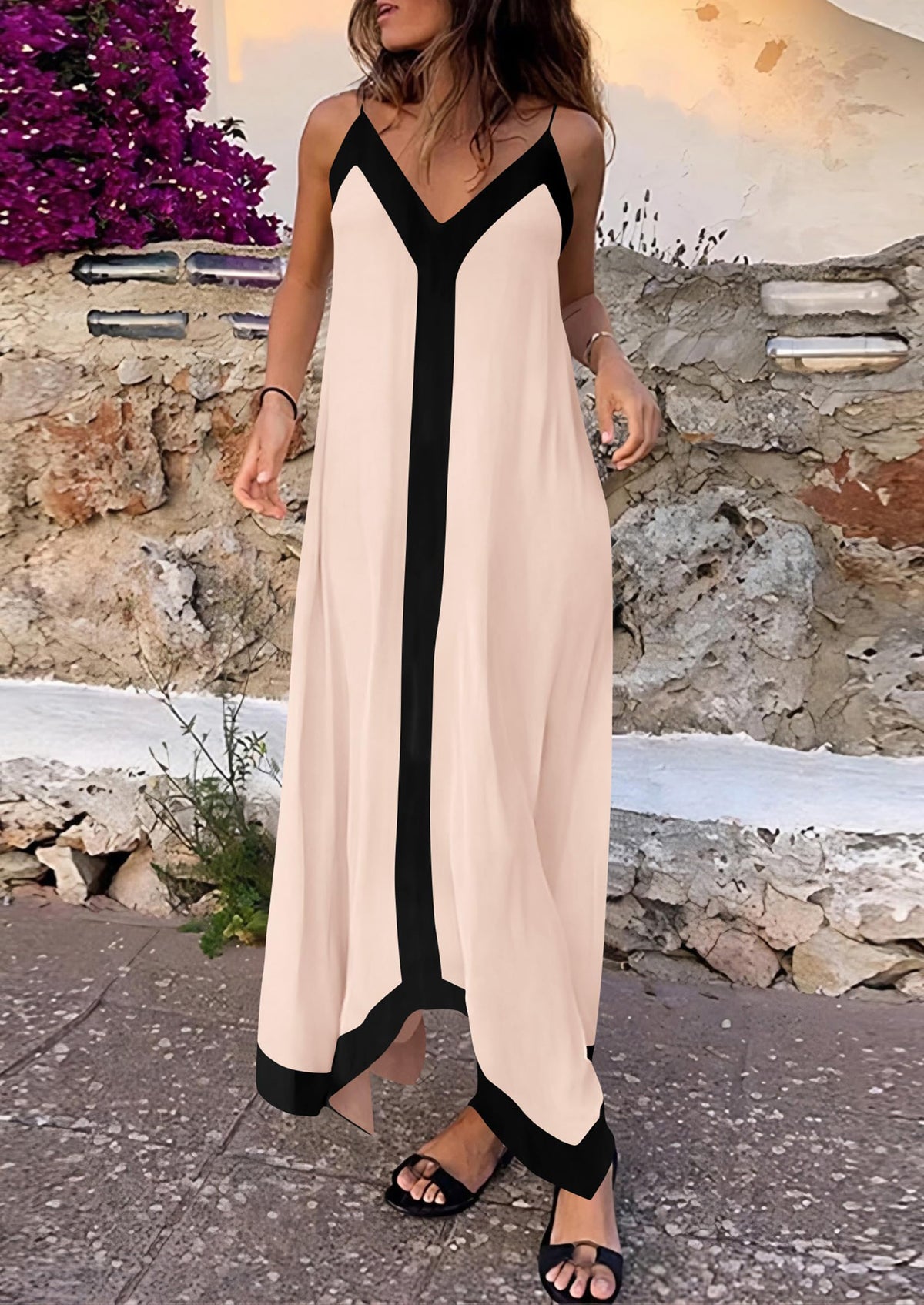 Elegant V Neck Spaghetti Strap Flowy Cocktail Party Maxi Dresses