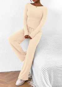 Asymmetrical Long Sleeve T-Shirt Wide Leg Pants Casual 2 Piece Sets
