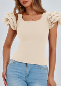 Ruffle Short Sleeve Casual Basic Fitted Crew Neck T-shirts