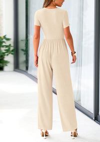 PRETTYGARDEN Casual Short Sleeve Square Neck Wide Leg Jumpsuit Rompers