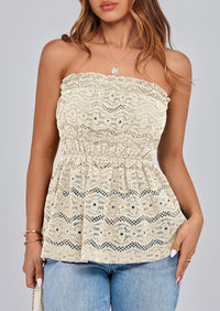 Boho Strapless Off Shoulder Eyelet Smocked Peplum Going Out Tube Tops