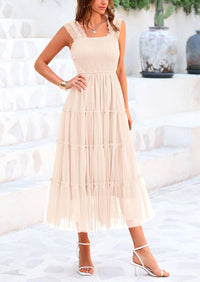 Casual Sleeveless Smocked Ruffle Tulle Flowy Beach Sundress