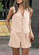 Button Down V Neck Vest Sleeveless Tops And Pockets Shorts 2 Piece Suits Sets