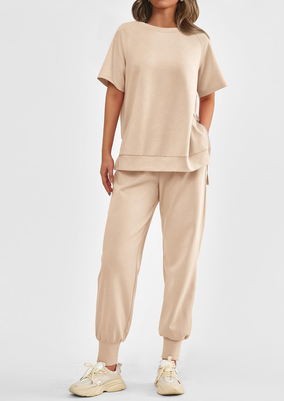 Casual Short Sleeve Tops High Waisted Sweatpants Two Piece Sets