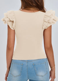 Ruffle Short Sleeve Casual Basic Fitted Crew Neck T-shirts