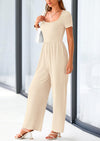 PRETTYGARDEN Casual Short Sleeve Square Neck Wide Leg Jumpsuit Rompers