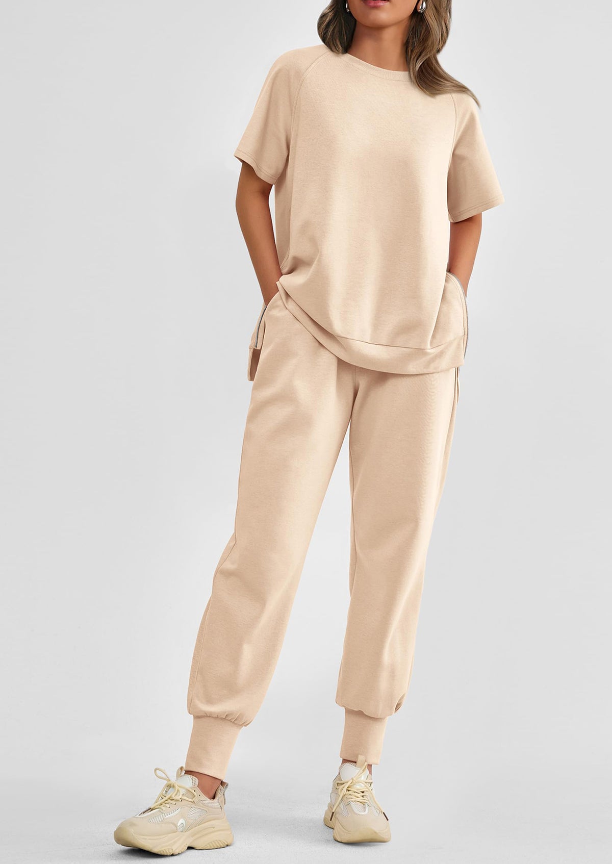 Casual Short Sleeve Tops High Waisted Sweatpants Two Piece Sets