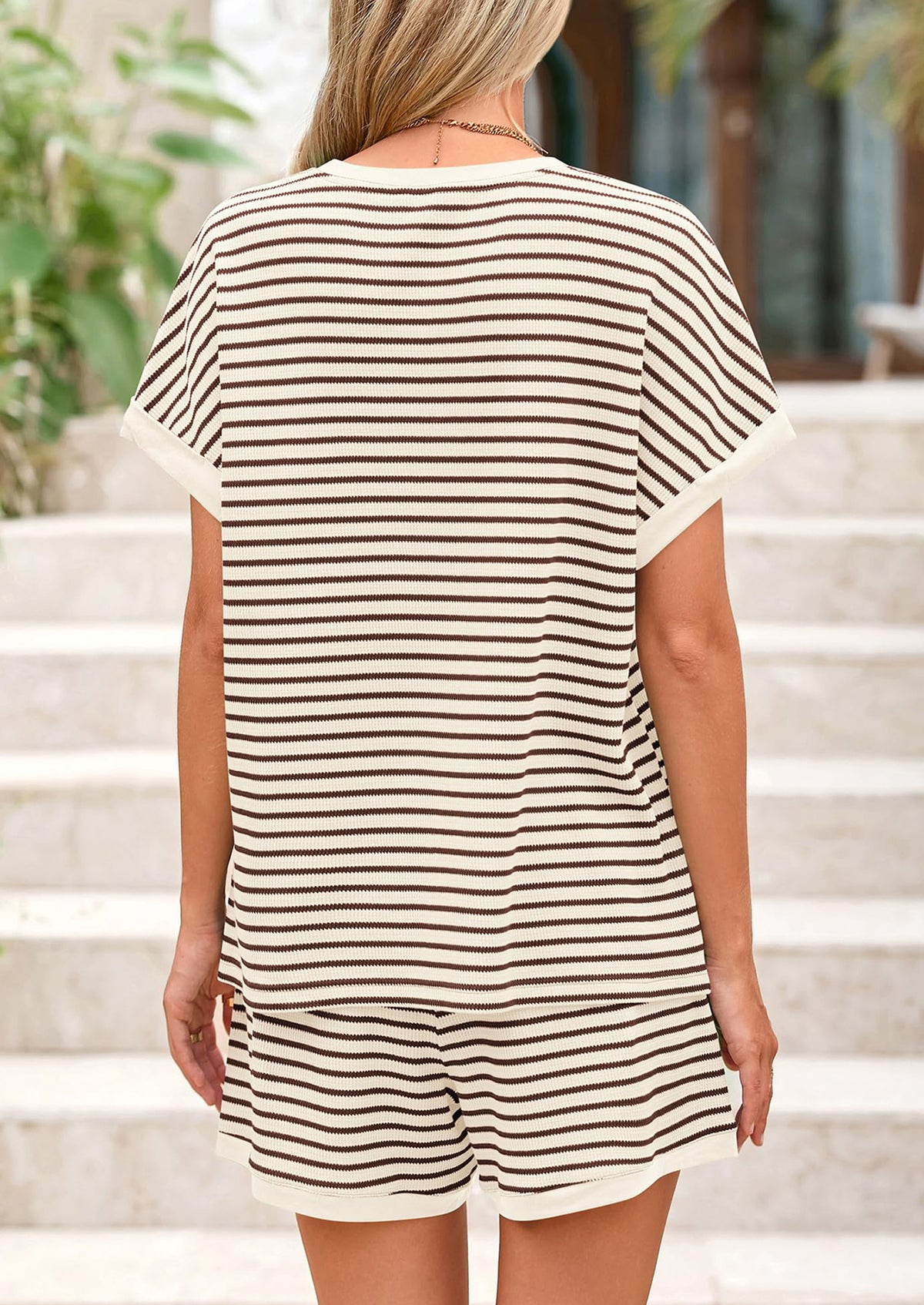 Striped Short Sleeved Top Casual Shorts Two-Piece Set