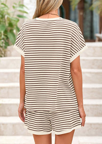 Striped Short Sleeved Top Casual Shorts Two-Piece Set