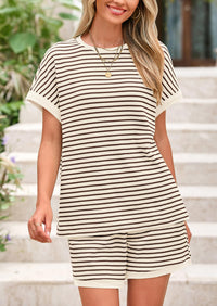 Striped Short Sleeved Top Casual Shorts Two-Piece Set