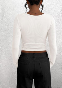 Long Sleeved V-Neck Button Slim Knit Solid Color Casual Shirt