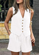 Button Down V Neck Vest Sleeveless Tops And Pockets Shorts 2 Piece Suits Sets