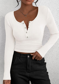Long Sleeved V-Neck Button Slim Knit Solid Color Casual Shirt