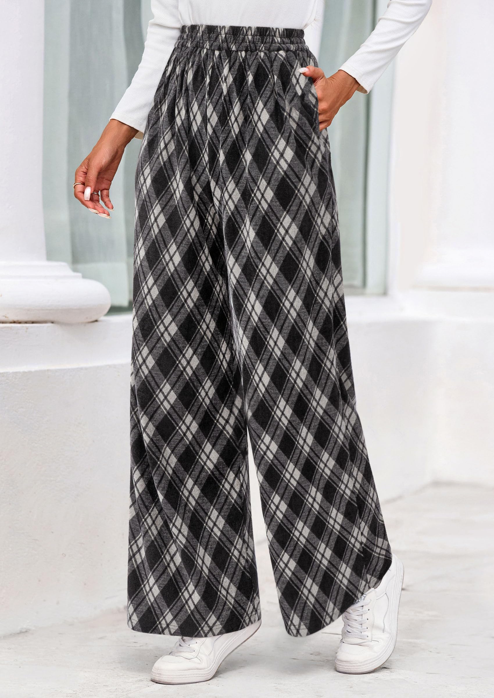 PRETTYGARDEN Casual Women's Pants Elastic Waist Palazzo Long Stretchy Wide Leg Trousers Knit Fall Outfits with Pockets PRETTYGARDEN