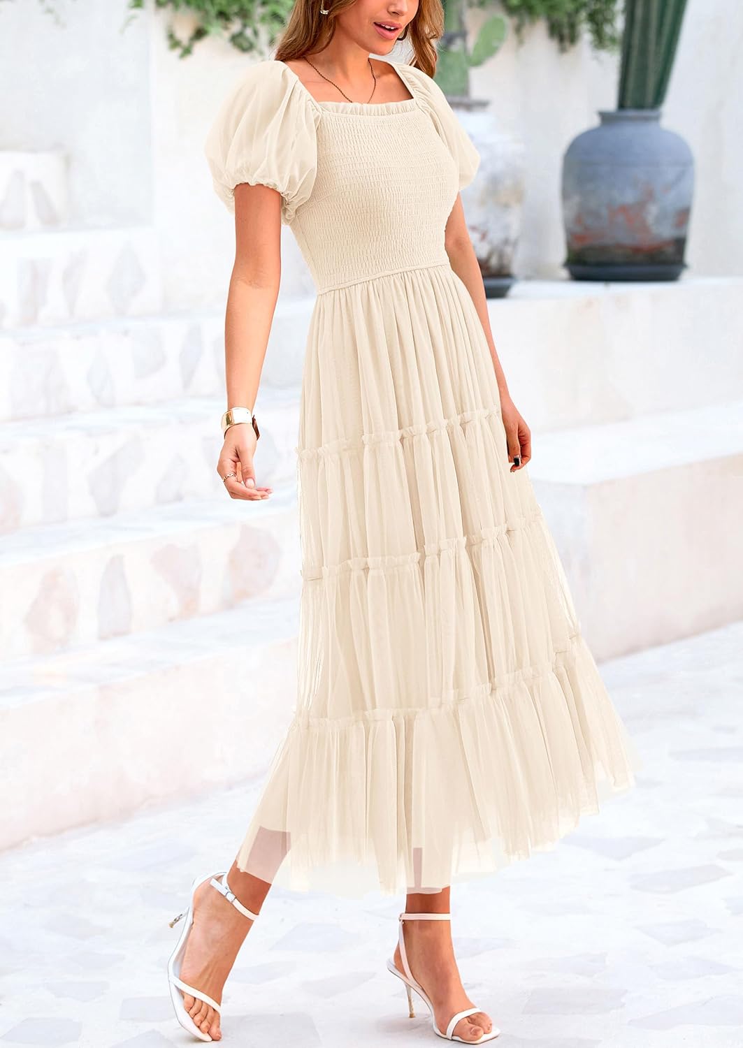 Smocked Tulle Puffy Short Sleeve Square Neck Ruffle Midi Dresses