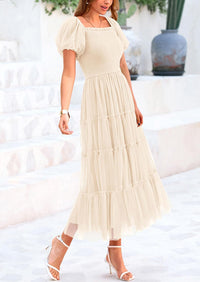 Smocked Tulle Puffy Short Sleeve Square Neck Ruffle Midi Dresses