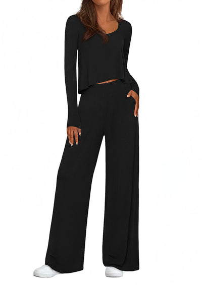 PRETTYGARDEN Women's 2 Piece Fall Sets  Casual Long Sleeve Shirts Wide Leg Pants Lounge Travel Outfits Fashion Clothing