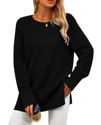 PRETTYGARDEN Women's Knit Fall Sweaters Long Sleeve Pullover Crewneck Split Hem Oversized Tunic Sweater Tops Winter Clothing