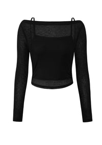 Boat Neck Long Sleeve Sheer Crop Cover Up with Spaghetti Strap Camisole 2 Piece Blouses