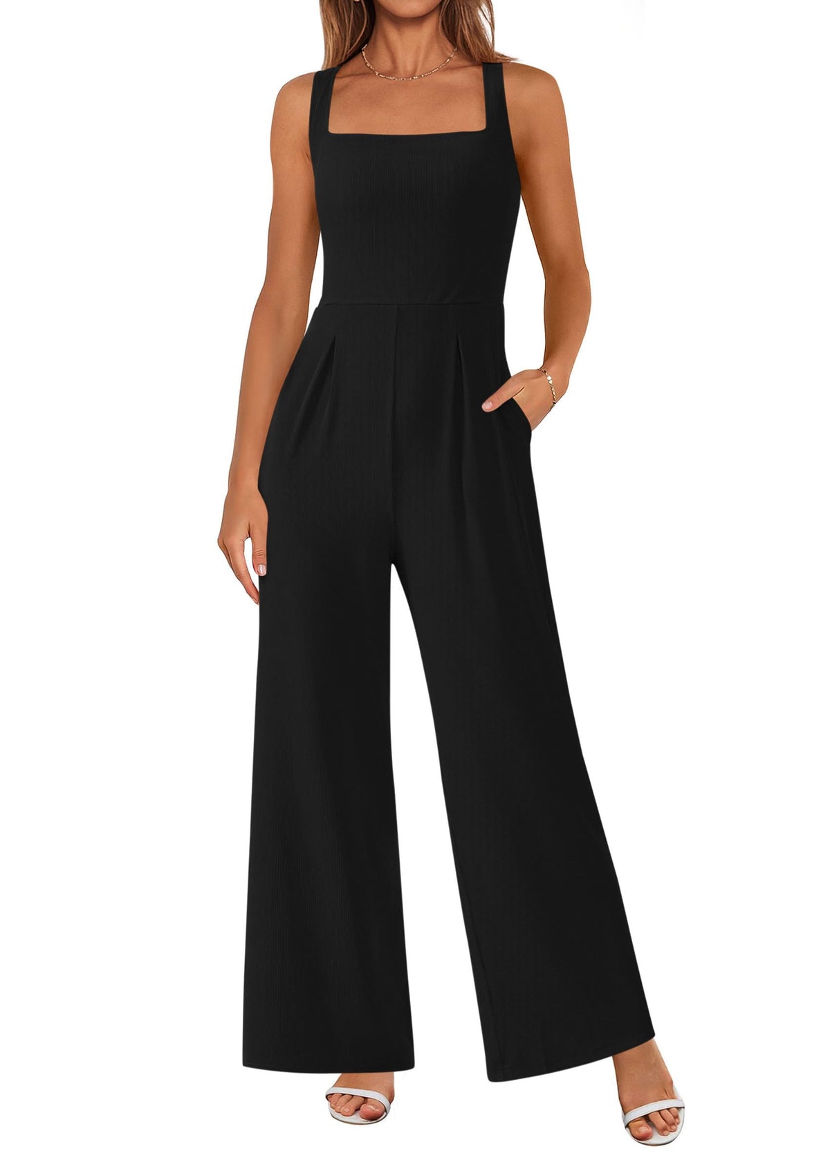 Sleeveless Dressy Square Neck Wide Leg Pants Knitted with Pockets Jumpsuits