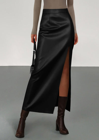 PRETTYGARDEN Womens Faux Leather Skirt Fall Bodycon High Waisted Slit Dressy Casual Winter Maxi Long Pencil Skirts