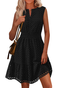 Sleeveless V Neck Eyelet Hollow Out Swing A Line Beach Vacation Dresses