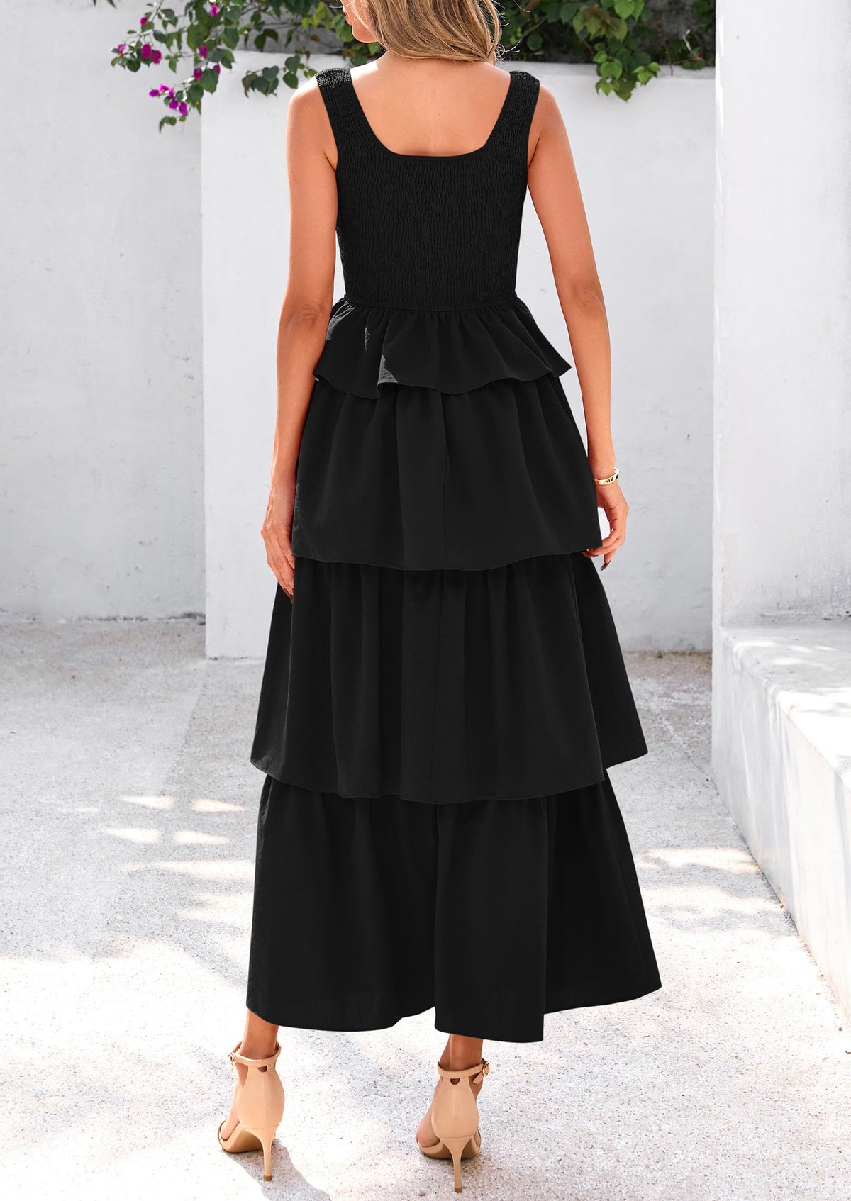 Sleeveless Scoop Neck Smocked A Line Tiered Beach Midi Dress
