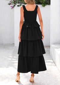 Sleeveless Scoop Neck Smocked A Line Tiered Beach Midi Dress