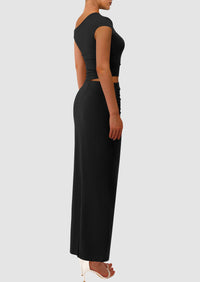 One Shoulder Sleeveless Ruched Slit Bodycon Two Piece Skirt Set
