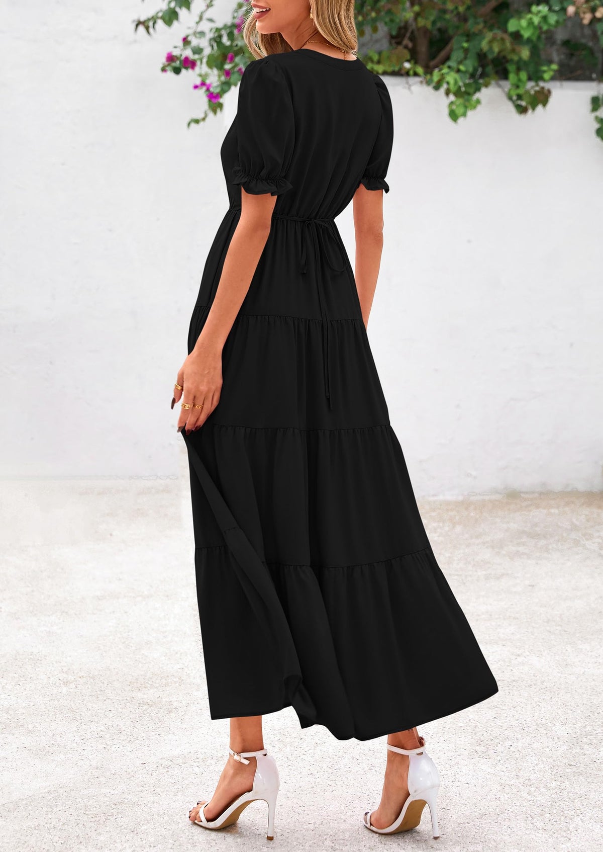 Casual Short Sleeve V Neck Tiered Flowy Beach Vacation Maxi Dress with Pockets