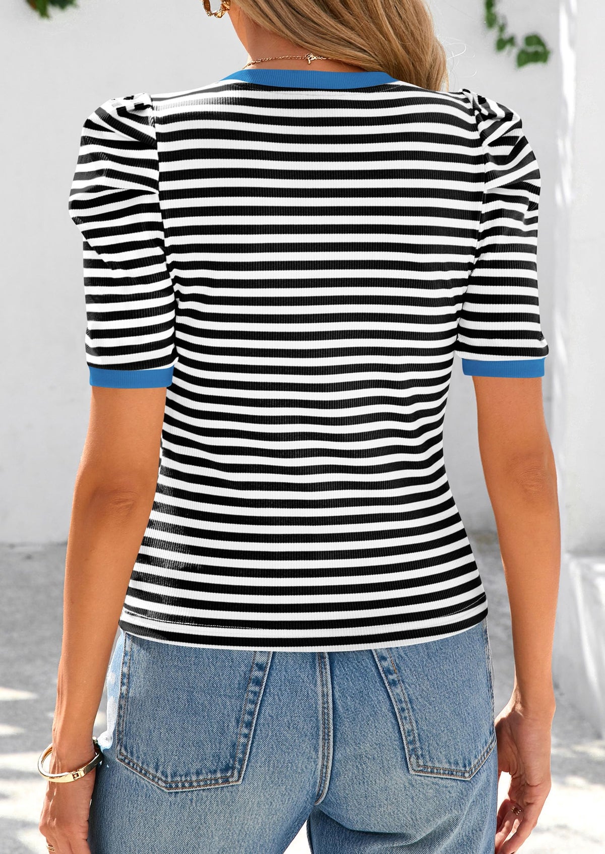 Puff Sleeve Casual Ribbed Knit Color Block Striped Pullover T-shirts