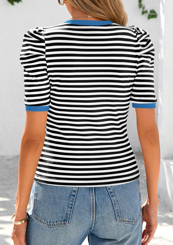 Puff Sleeve Casual Ribbed Knit Color Block Striped Pullover T-shirts