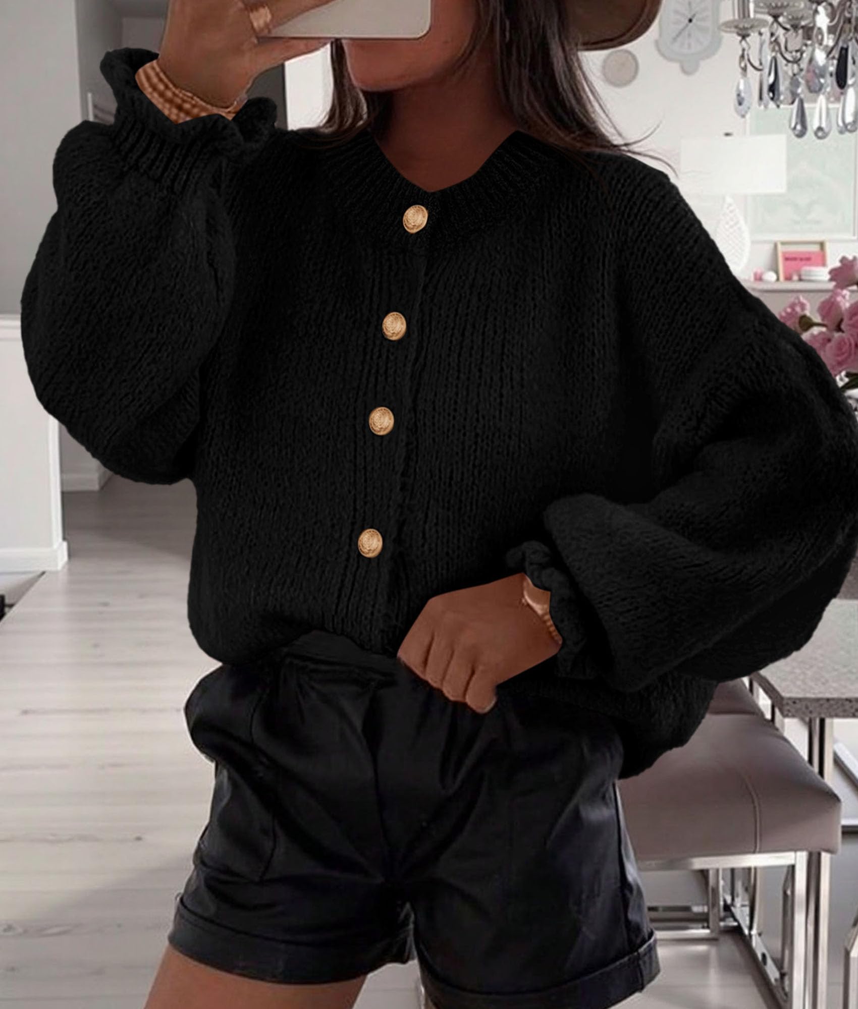 PRETTYGARDEN Womens Cropped Cardigans Trendy PRETTYGARDEN Long Sleeve Cropped Sweaters for Women Ruffle Oversized CardiganRuffle Open Front Chunky Knit Sweater Oversized Button Down Fall Clothes PRETTYGARDEN