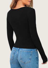 Long Sleeve Henley Ribbed Knit Button Up Slim Fitted Basic Casual T-shirts