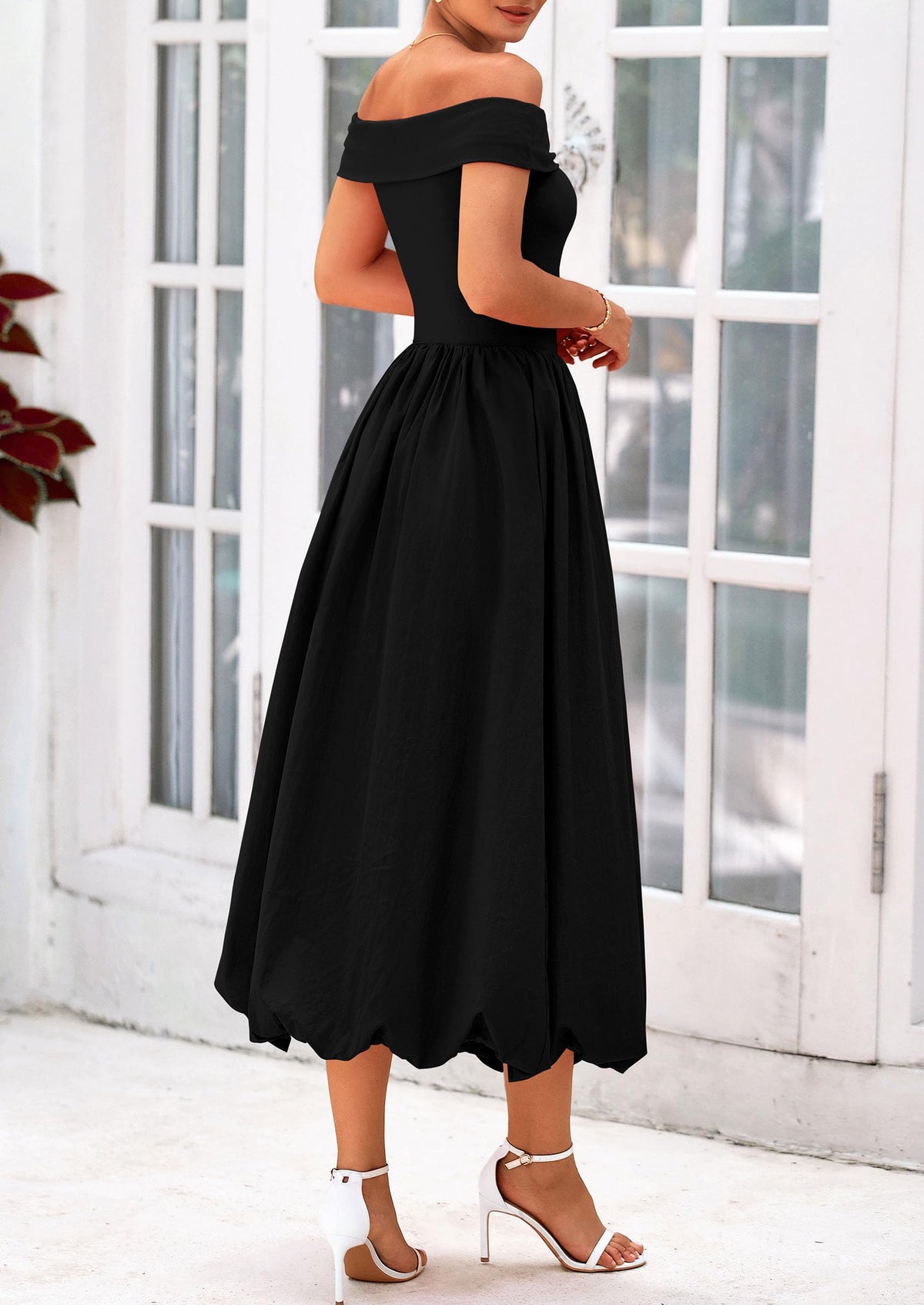 Off Shoulder Sleeveless A Line Midi Dress with Pockets