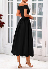 Off Shoulder Sleeveless A Line Midi Dress with Pockets